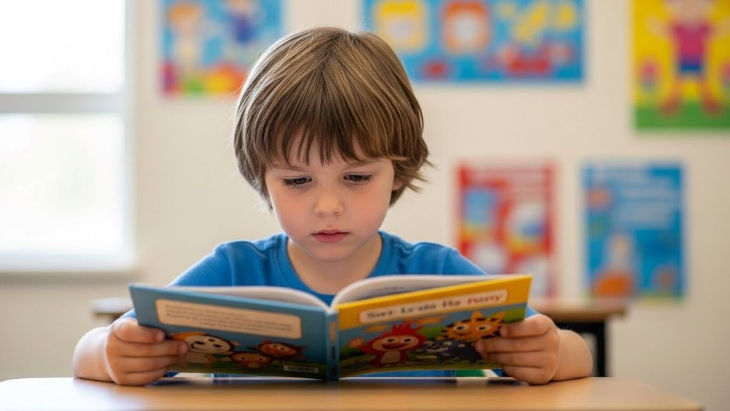 Young primary school child concentrating on reading book illustrating early literacy development and potential learning difficulties