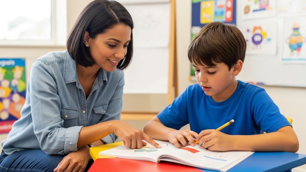 Teacher working individually with primary school student showing learning support and special educational needs assistance