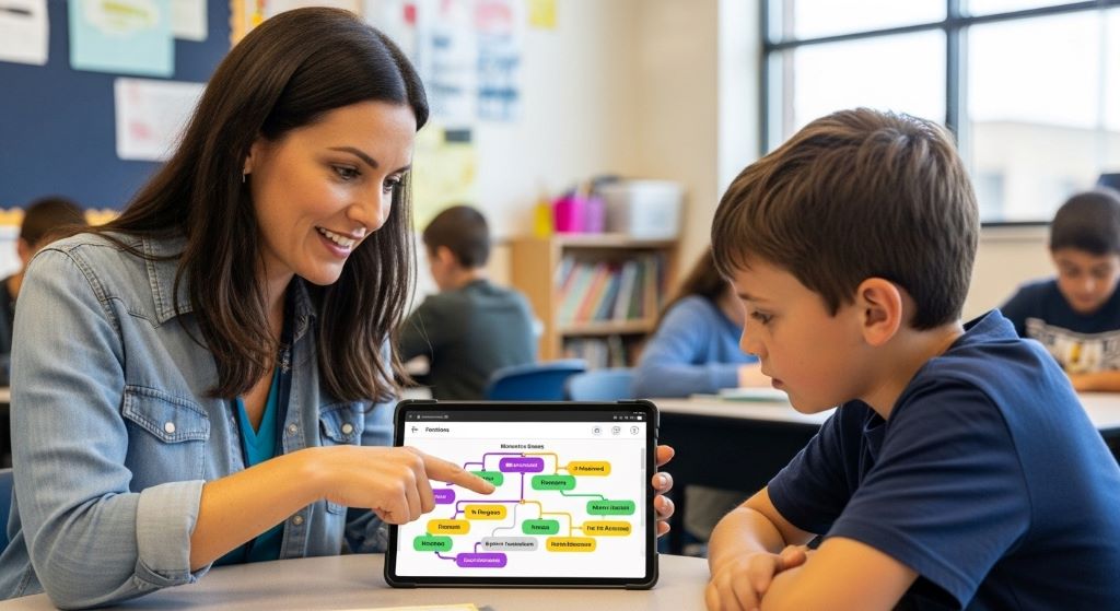 Teacher conferencing with individual student about competency progress on tablet showing mastery-based learning dashboard