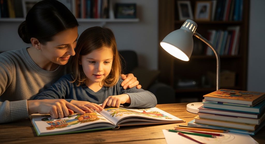 A parent and child reading together at a table, building early study habits