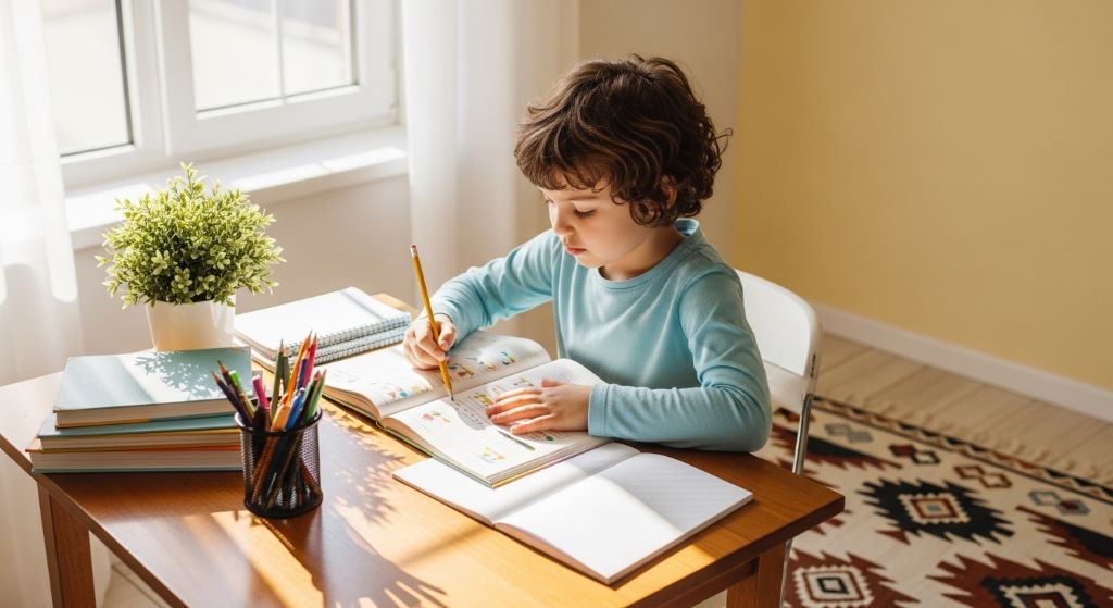 A young child studying at a tidy desk with books and pencils in a bright room