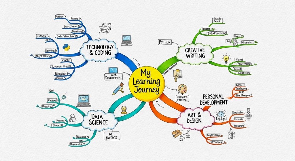 Colorful mind map on paper showing connected goals and subjects for a personal education plan