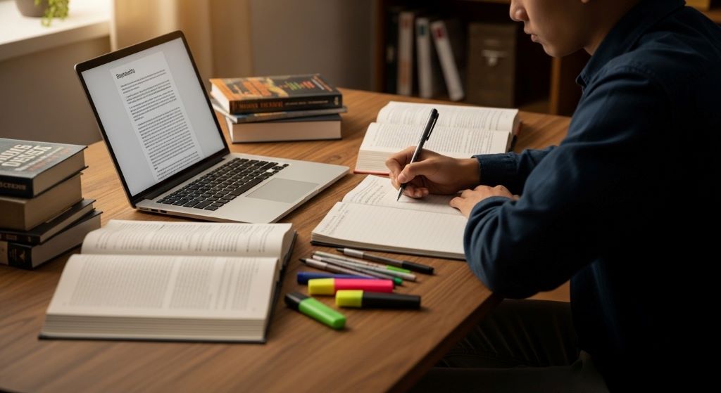 Person sitting at a desk writing in a notebook surrounded by open books and a laptop for self-directed learning