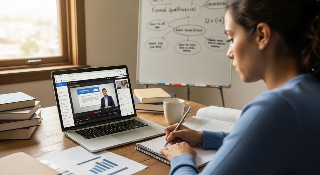 Person taking notes from an online course while studying for a formal qualification