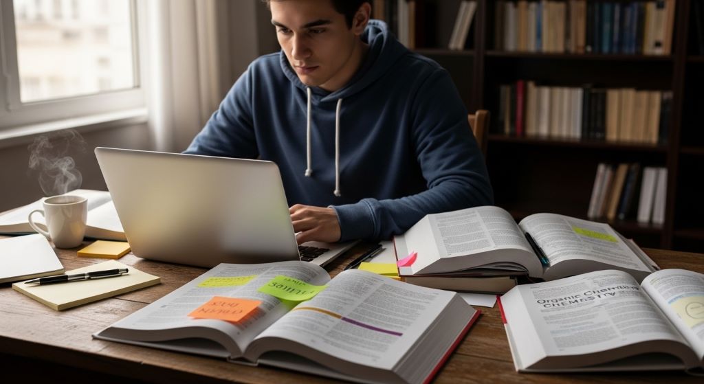 Student using a laptop for online self-learning alongside formal university textbooks