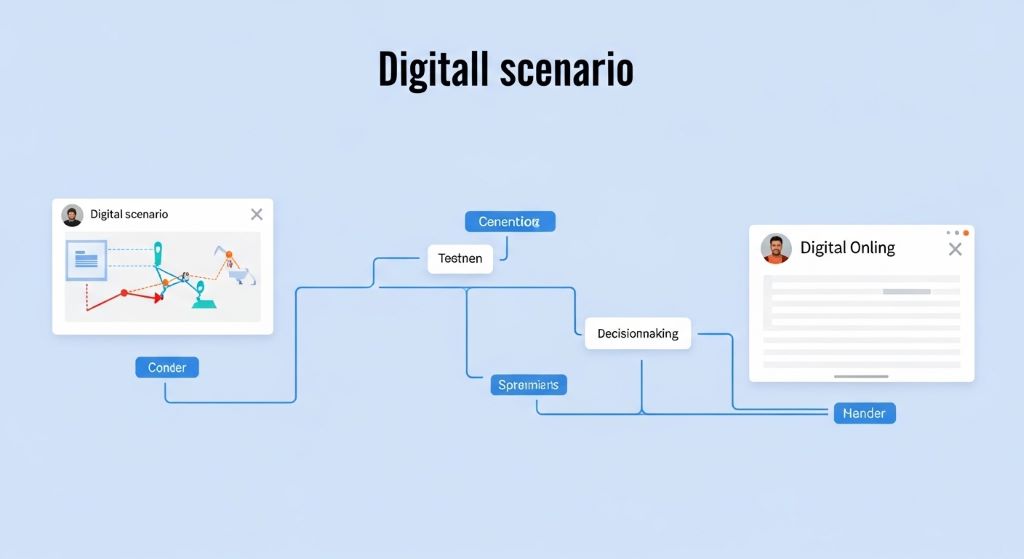 A digital branching scenario interface showing decision-making paths for an interactive online lesson