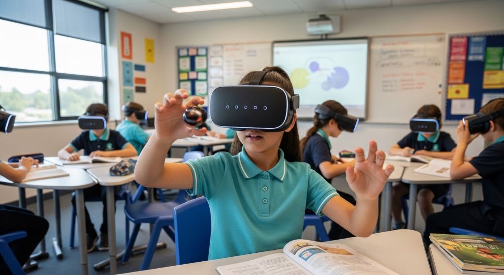 A learner wearing a VR headset engaging with an immersive learning simulation in a modern classroom setting